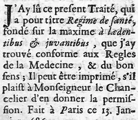 An illustration from Régime de santé pour se procurer une longue vie et une vieillesse heureuse, fondé sur la maxime de médecine ″a laedentibus et juvantibus″, avec la réponse à la critique par le sieur de La Cour (1690)