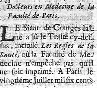 An illustration from Les règles de la santé, ou le véritable régime de vivre que l'on doit observer dans la santé et dans la maladie, et une table qui contient par alphabet les facultez et vertus de tous les alimens tirez des plantes et des animaux dont on use ordinairement, par A. P..... (1684)