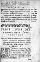 An illustration from Les aphorismes d'Hippocrates avec le commentaire de Galien sur le premier livre. Traduicts de grec en françois par M. J. Berche...plus les aphorismes de Jean Damascene... (1628)