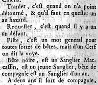 An illustration from Le Parfait Chasseur. Pour l'Instruction des personnes de qualité ou autres qui aiment la Chasse, pour se rendre capables de cet Exercice, apprendre aux Veneurs, Picqueurs, Fauconniers, & Valets de Chiens à servir dans les grands Equipages ... Par Mr De Selincourt (1683)