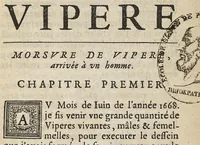 An illustration from Nouvelles expériences sur la vipere, ou l'on verra une description exacte de toutes ses parties, la source de son venin, ses divers effets, & les remedes exquis que les artistes peuvent tirer cu corps de cet animal... (1672)
