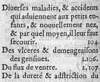 An illustration from Des divers travaulx et enfantemens des femmes. Et par quel moyen lon doibt survenir aux accidens qui peuvent eschoir devant et apres iceux travaulx, devisé en deux petiz livres. Premierement composez en Latin, par maistre Euchaire Rodion, Docteur en Medecine, et depuis tournez en nostre langue Françoyse, et augmentez de Annotations, par M. Paul Bienassis de Poictiers, à l’utilité de plusieurs personnes. Avec Indice des choses memorables contenues en ce present livre, mises par chapitres en la fin d’icelluy (1563)