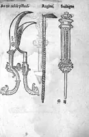 An illustration from Officinne et jardin de chirurgie militaire contenant les instrumentz et plantes tres necessaires a tous Chi[r]urgiens...avec certains cathalogues des ingrediens propres à chacun membre tant similaires qu’organiques. Dedié à haut et puissant seigneur M. François Gouffier, sieur de Crevecoeur Chevalier des deux ordres du Roy. Plus un traicté des contrepoisons et cure de la Peste et declaration d’un Enigme le tout experimenté et mis en lumiere pour l’utilité du public. Par Esaïe le Lievre Chirurgien, (1583)
