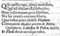 An illustration from Hippocratous tou megalou hoi aphorismoi pezikoi te kai emmetroi / Hippocratis Magni Aphorismi Soluti et Metrici, Interprete Joanne Heurnio, Medico Ultrajectino, Mataphrastis Joanne Frero, Medico-poëta et Radulpho Wintertono, Medicinae et Poeseös Graecae studioso (1633)