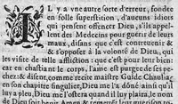 An illustration from La premiere et seconde partie des erreurs populaires, touchant la Medecine et le regime de santé. Par M. Laurent Joubert, Conseiller et Medecin ordinaire du Roy, et du Roy de Navarre, premier Docteur Regent, Chancelier et juge de l’université en Medecine de Montpellier. Avec plusieurs autres petits traictez, lesquels sont specifiez en la page suyvante, (1587)