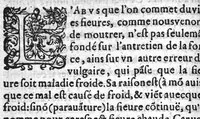 An illustration from Erreurs populaires et propos vulgaires, touchant la medecine et le regime de santé. Expliquez et refutez par M. Laur. Joubert, Conselher et Medecin ordinaire du Roy, et du Roy de Navarre, premier docteur regeant stipandié, Chancelher et juge de l’université an Medecine de Montpelier. Cette-cy est de toutte l’œuvre, la premiere partie, contenant cinq livres, avec l’indice des matieres, qui seront traitez ez autres. Reveuë corrigée et augmentée presque de la moitié, et dediée au tres-renommé seigneur de Pibrac Chancelher de la tres-illustre Royne de Navarre, [suivie de] : Seconde partie des erreurs populaires, et propos vulgaires, touchant la Medecine et le regime de santé, refutés ou expliqués par M. Laur. Joubert, Conseilher et Medecin ordinaire du Roy, et du Roy de Navarre, premier docteur regeant, Chancelier et Juge de l’Université an Medecine de Mompellier. Avec deus catalogues de plusieurs autres erreurs ou propos vulgaires, qui n’ont été mancionnés an la premiere et seconde edition de la premiere partie. Item deus autres petis traités, concernant les Erreurs populaires, avec deus Paradoxes du maime auteur ; Plus l’Apologie de son orthographie, divisee an quatre Dialogues, (1579)