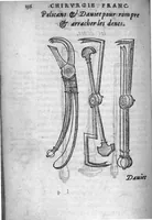 An illustration from Chirurgie françoise, recueillie par M. Jaques Dalechamps, Docteur Medicin, et Lecteur ordinaire de ceste profession à Lyon. Avec plusieurs figures des instrumens necessaires pour l’operation manuelle. La page 14. contient les principaux chefz de ce qui se discourt en cest œuvre, (1569)