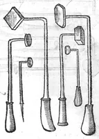 An illustration from Chirurgie françoise, recueillie par M. Jaques Dalechamps, Docteur Medicin, et Lecteur ordinaire de ceste profession à Lyon. Avec plusieurs figures des instrumens necessaires pour l’operation manuelle. La page 14. contient les principaux chefz de ce qui se discourt en cest œuvre, (1569)