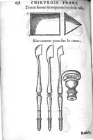 An illustration from Chirurgie françoise, recueillie par M. Jaques Dalechamps, Docteur Medicin, et Lecteur ordinaire de ceste profession à Lyon. Avec plusieurs figures des instrumens necessaires pour l’operation manuelle. La page 14. contient les principaux chefz de ce qui se discourt en cest œuvre, (1569)