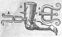 An illustration from La grande chirurgie de M. Gui de Chauliac, Medecin tres-fameux de l’Université de Montpellier, composée l’an de grace 1363. Restituee nouvellement a sa dignité, par M. Laurens Joubert, Medecin ordinaire du Roy, et du Roy de Navarre, premier Docteur regent stipendié, chancelier et Juge de ladicte Université. Voyez au prochain feuillet, ce que M. Joubert à faict (outre sa nouvelle traduction) et fourny du sien, en recognoissant cest’ œuvre (1592)