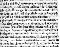 An illustration from La grande chirurgie de M. Gui de Chauliac, Medecin tres-fameux de l’Université de Montpellier, composée l’an de grace 1363. Restituee nouvellement a sa dignité, par M. Laurens Joubert, Medecin ordinaire du Roy, et du Roy de Navarre, premier Docteur regent stipendié, chancelier et Juge de ladicte Université. Voyez au prochain feuillet, ce que M. Joubert à faict (outre sa nouvelle traduction) et fourny du sien, en recognoissant cest’ œuvre (1592)