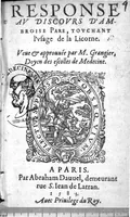 An illustration from Response au Discours d'Ambroise Paré, touchant l'usage de la licorne. Veue et approuvée par M. Grengier, Doyen des escolles de Medecine (1583)