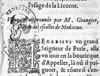 An illustration from Response au Discours d'Ambroise Paré, touchant l'usage de la licorne. Veue et approuvée par M. Grengier, Doyen des escolles de Medecine (1583)