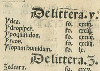 An illustration from Opus Pandectarum. Habès studiossime lector opus pa[n]dectar[um] medicine Matthei Silvatici nuper impressum cum quottationibus omniu[m] auctoru[m] in locis propriis & Symone Janue[n]si : additis etia[m] non[n]ulis capitulis simpliciu[m] medicinarum in aliis non compertis ... necno[n] etia[m] tabula addita per ... Baptista[m] Sardum : additis insuper numero capitulorum Gale[ni] & alior[um] auctor[um] ... et tabula nusq[uam] impressa ... necnon & annotationibus compilatus per D[omi]nicum Martinum de Sospitello (1526)