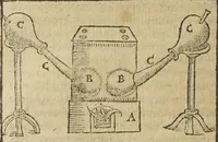 An illustration from Pax methodicorum, cum spagyricis. A Nob. Petro de Vege Sereniss. Ducis Sabaudiæ Medico. Cum epilepsiæ, podagræ, Hydrop. & Lepræ curatione. Accessit Conr. Gesneri Thesaurus Evonymi de remediis secretis nunc in lucem editus, diligentia Casp. Wolfii, Adjectis ingeniosis fornacum figuris. [Suivi de :] Conr. Gesneri Thesaurus Evonymi de remediis secretis. Nunc studio & diligentia Gaspari Vvelphij medici & physici singularis illustratus, & in lucem editus. Adiecimus in pharmacopolarum gratiam plurimas ingeniosas fornacum figuras, quo facilior haec materia & dilucidior habeatur. (1620)
