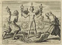 An illustration from Tripus aureus, hoc est, Tres tractatus chymici selectissimi, nempe I. Basilii Valentini, ordinis monachi, Germani, Practica una cum 12. clavibus & appendice, ex Germanico ; II. Thomæ Nortoni, angli philosophi Crede mihi seu ordinale ante annos 140. ab authore scriptum, nunc ex Anglicano manuscripto in Latinum translatum, phrasi cujusque authoris ut & sententia retenta ; nunc ex Anglicano manuscripto in Latinum translatum, phrasi cujusque authoris ut & sententia retenta; III. Cremeri cujusdam abbatis Westmonasterienses Angli Testamentum, hactenus nondum publicatum, nunc in diversarum nationum gratiam editi, & figuris cupro assabre incisis ornati operâ & studio Michaelis Maieri Phil. & Med. D. Com. P. &c (1618)