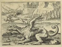 An illustration from Tripus aureus, hoc est, Tres tractatus chymici selectissimi, nempe I. Basilii Valentini, ordinis monachi, Germani, Practica una cum 12. clavibus & appendice, ex Germanico ; II. Thomæ Nortoni, angli philosophi Crede mihi seu ordinale ante annos 140. ab authore scriptum, nunc ex Anglicano manuscripto in Latinum translatum, phrasi cujusque authoris ut & sententia retenta ; nunc ex Anglicano manuscripto in Latinum translatum, phrasi cujusque authoris ut & sententia retenta; III. Cremeri cujusdam abbatis Westmonasterienses Angli Testamentum, hactenus nondum publicatum, nunc in diversarum nationum gratiam editi, & figuris cupro assabre incisis ornati operâ & studio Michaelis Maieri Phil. & Med. D. Com. P. &c (1618)