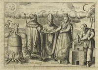 An illustration from Tripus aureus, hoc est, Tres tractatus chymici selectissimi, nempe I. Basilii Valentini, ordinis monachi, Germani, Practica una cum 12. clavibus & appendice, ex Germanico ; II. Thomæ Nortoni, angli philosophi Crede mihi seu ordinale ante annos 140. ab authore scriptum, nunc ex Anglicano manuscripto in Latinum translatum, phrasi cujusque authoris ut & sententia retenta ; nunc ex Anglicano manuscripto in Latinum translatum, phrasi cujusque authoris ut & sententia retenta; III. Cremeri cujusdam abbatis Westmonasterienses Angli Testamentum, hactenus nondum publicatum, nunc in diversarum nationum gratiam editi, & figuris cupro assabre incisis ornati operâ & studio Michaelis Maieri Phil. & Med. D. Com. P. &c (1618)