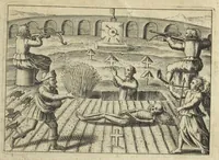 An illustration from Tripus aureus, hoc est, Tres tractatus chymici selectissimi, nempe I. Basilii Valentini, ordinis monachi, Germani, Practica una cum 12. clavibus & appendice, ex Germanico ; II. Thomæ Nortoni, angli philosophi Crede mihi seu ordinale ante annos 140. ab authore scriptum, nunc ex Anglicano manuscripto in Latinum translatum, phrasi cujusque authoris ut & sententia retenta ; nunc ex Anglicano manuscripto in Latinum translatum, phrasi cujusque authoris ut & sententia retenta; III. Cremeri cujusdam abbatis Westmonasterienses Angli Testamentum, hactenus nondum publicatum, nunc in diversarum nationum gratiam editi, & figuris cupro assabre incisis ornati operâ & studio Michaelis Maieri Phil. & Med. D. Com. P. &c (1618)