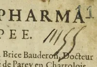 An illustration from Paraphrase sur la pharmacopee. Divisée en deux liures, par M. Brice Bauderon, docteur en medecine, natif de la ville de Parey en Charrolois, & à present resident à Mascon. Sixiesme edition. Reveuë, corrigée, & augmentée par M. Gracian Bauderon, aussi docteur en medecine, seigneur de Senecé, fils de l'autheur, exerçant laditte profession de medecine audict lieu de Mascon. Ensemble un Traicté des Eaux distillées qu'un appoticaire doit tenir en sa boutique. Fait par Laurens Catelan maistre appoticaire de Mont-pelier. (1614)