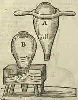 An illustration from Furni novi philosophici, sive Descriptio artis destillatoriæ novæ ; nec non Spirituum, oleorum, florum, aliorumque medicamentorum illius beneficio, facilimâ quâdam & peculiari viâ è vegetabilibus, animalibus & mineralibus, conficiendorum & quidem magno cum lucro ; agens quoque de illorum usu tàm chymico quàm medico,edita & publicata in gratiam veritatis studiosorum per Joannem Rudolphum Glauberum. (1651)