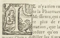 An illustration from La pharmacopée de Bauderon reveüe, et exactement corrigée en plus de treize cens endroits, des fautes qui s'étoient glissées dans les precedentes editions. Et de nouveau augmentée de remarques considerables sur châque composition, particulierement sur la theriaque, où il est amplement traitté d'un grand nombre de substituts que ceux-la même qui l'exposent en public y font entrer à la place des plus considerables ingrediens d'icelle, quoy qu'ils soient bien differens en vertus. Avec la réponse au Vindiciæ contra Verny de Mr Jean Zwelfer medecin de Sa Majesté impériale, & la refutation de la confection d'alkermes qu'il a composée & décrite dans sa pharmacopée royale. Et en cette troisiéme edition, a été de nouveau ajoûté une ample matiere medicale, & prouvé que l'Aristoloche clematite est la tenuë des Anciens, comme aussi que les mêmes Anciens, ont appellé du nom d'onguent les trochisques d'Hedychroum & autres compositions solides. Par François Verny, maître apothicaire juré de l'Université de medecine à Montpelier. Divisée en deux livres. (1681)