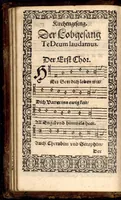 An illustration from Psalmen und geistliche Lieder, welche in den Kirchen unnd Schülen beyder Fürstenthumb Newburg und Zweybrucken gesungen werden. Sampt etlichen Collecten und dem kleinen Catechismo Doctoris Martini Lutheri. (1578)