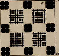 An illustration from Nützliches in lauter auserlesenen, wohl-approbirt- und meistentheils neu-inventirten Mustern bestehendes, Weber-Bild-Buch : als, zwey und siebenzig gesteinten Zeichnungen, von 15. bis auf 40. schäfftig und 32. Stück 16. und 20. schäfftigen Hin- und Wieder-Mödel, auch allerhand der nettesten Gattung von roth-gestreifften Arbeiten, sammt denen dazu gehörigen Zügen und Schnürungen : ingleichen allerhand nöthigen Bildern, auch Doppel-Kellisch, und einer Art von den Damast-Boden, 8. Flügel auf einen Bruch : dann eine Anweisung, wie sich diese Art Züg und Bilder zu halben Brüchen theilen, zerlegen, auch Doppel-Kellisch-Bilder so, wie man sie zum Gebrauch nöthig, selbst versetzen und verändern kan : wobey auch einer jeden Gattung insonderheit eine schrifftliche Anleitung voran gedruckt worden (1740)