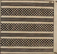 An illustration from Nützliches in lauter auserlesenen, wohl-approbirt- und meistentheils neu-inventirten Mustern bestehendes, Weber-Bild-Buch : als, zwey und siebenzig gesteinten Zeichnungen, von 15. bis auf 40. schäfftig und 32. Stück 16. und 20. schäfftigen Hin- und Wieder-Mödel, auch allerhand der nettesten Gattung von roth-gestreifften Arbeiten, sammt denen dazu gehörigen Zügen und Schnürungen : ingleichen allerhand nöthigen Bildern, auch Doppel-Kellisch, und einer Art von den Damast-Boden, 8. Flügel auf einen Bruch : dann eine Anweisung, wie sich diese Art Züg und Bilder zu halben Brüchen theilen, zerlegen, auch Doppel-Kellisch-Bilder so, wie man sie zum Gebrauch nöthig, selbst versetzen und verändern kan : wobey auch einer jeden Gattung insonderheit eine schrifftliche Anleitung voran gedruckt worden (1740)
