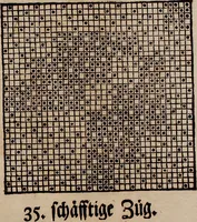 Picture 98 of 131 from Nützliches in lauter auserlesenen, wohl-approbirt- und meistentheils neu-inventirten Mustern bestehendes, Weber-Bild-Buch : als, zwey und siebenzig gesteinten Zeichnungen, von 15. bis auf 40. schäfftig und 32. Stück 16. und 20. schäfftigen Hin- und Wieder-Mödel, auch allerhand der nettesten Gattung von roth-gestreifften Arbeiten, sammt denen dazu gehörigen Zügen und Schnürungen : ingleichen allerhand nöthigen Bildern, auch Doppel-Kellisch, und einer Art von den Damast-Boden, 8. Flügel auf einen Bruch : dann eine Anweisung, wie sich diese Art Züg und Bilder zu halben Brüchen theilen, zerlegen, auch Doppel-Kellisch-Bilder so, wie man sie zum Gebrauch nöthig, selbst versetzen und verändern kan : wobey auch einer jeden Gattung insonderheit eine schrifftliche Anleitung voran gedruckt worden (1740), leaf 154