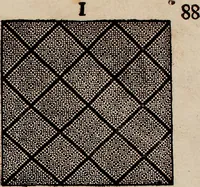An illustration from Nützliches in lauter auserlesenen, wohl-approbirt- und meistentheils neu-inventirten Mustern bestehendes, Weber-Bild-Buch : als, zwey und siebenzig gesteinten Zeichnungen, von 15. bis auf 40. schäfftig und 32. Stück 16. und 20. schäfftigen Hin- und Wieder-Mödel, auch allerhand der nettesten Gattung von roth-gestreifften Arbeiten, sammt denen dazu gehörigen Zügen und Schnürungen : ingleichen allerhand nöthigen Bildern, auch Doppel-Kellisch, und einer Art von den Damast-Boden, 8. Flügel auf einen Bruch : dann eine Anweisung, wie sich diese Art Züg und Bilder zu halben Brüchen theilen, zerlegen, auch Doppel-Kellisch-Bilder so, wie man sie zum Gebrauch nöthig, selbst versetzen und verändern kan : wobey auch einer jeden Gattung insonderheit eine schrifftliche Anleitung voran gedruckt worden (1740)