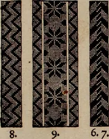 An illustration from Nützliches in lauter auserlesenen, wohl-approbirt- und meistentheils neu-inventirten Mustern bestehendes, Weber-Bild-Buch : als, zwey und siebenzig gesteinten Zeichnungen, von 15. bis auf 40. schäfftig und 32. Stück 16. und 20. schäfftigen Hin- und Wieder-Mödel, auch allerhand der nettesten Gattung von roth-gestreifften Arbeiten, sammt denen dazu gehörigen Zügen und Schnürungen : ingleichen allerhand nöthigen Bildern, auch Doppel-Kellisch, und einer Art von den Damast-Boden, 8. Flügel auf einen Bruch : dann eine Anweisung, wie sich diese Art Züg und Bilder zu halben Brüchen theilen, zerlegen, auch Doppel-Kellisch-Bilder so, wie man sie zum Gebrauch nöthig, selbst versetzen und verändern kan : wobey auch einer jeden Gattung insonderheit eine schrifftliche Anleitung voran gedruckt worden (1740)