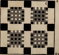 An illustration from Nützliches in lauter auserlesenen, wohl-approbirt- und meistentheils neu-inventirten Mustern bestehendes, Weber-Bild-Buch : als, zwey und siebenzig gesteinten Zeichnungen, von 15. bis auf 40. schäfftig und 32. Stück 16. und 20. schäfftigen Hin- und Wieder-Mödel, auch allerhand der nettesten Gattung von roth-gestreifften Arbeiten, sammt denen dazu gehörigen Zügen und Schnürungen : ingleichen allerhand nöthigen Bildern, auch Doppel-Kellisch, und einer Art von den Damast-Boden, 8. Flügel auf einen Bruch : dann eine Anweisung, wie sich diese Art Züg und Bilder zu halben Brüchen theilen, zerlegen, auch Doppel-Kellisch-Bilder so, wie man sie zum Gebrauch nöthig, selbst versetzen und verändern kan : wobey auch einer jeden Gattung insonderheit eine schrifftliche Anleitung voran gedruckt worden (1740)