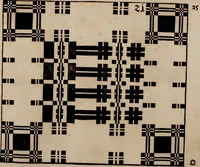 Picture 27 of 131 from Nützliches in lauter auserlesenen, wohl-approbirt- und meistentheils neu-inventirten Mustern bestehendes, Weber-Bild-Buch : als, zwey und siebenzig gesteinten Zeichnungen, von 15. bis auf 40. schäfftig und 32. Stück 16. und 20. schäfftigen Hin- und Wieder-Mödel, auch allerhand der nettesten Gattung von roth-gestreifften Arbeiten, sammt denen dazu gehörigen Zügen und Schnürungen : ingleichen allerhand nöthigen Bildern, auch Doppel-Kellisch, und einer Art von den Damast-Boden, 8. Flügel auf einen Bruch : dann eine Anweisung, wie sich diese Art Züg und Bilder zu halben Brüchen theilen, zerlegen, auch Doppel-Kellisch-Bilder so, wie man sie zum Gebrauch nöthig, selbst versetzen und verändern kan : wobey auch einer jeden Gattung insonderheit eine schrifftliche Anleitung voran gedruckt worden (1740), leaf 64