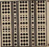 An illustration from Nützliches in lauter auserlesenen, wohl-approbirt- und meistentheils neu-inventirten Mustern bestehendes, Weber-Bild-Buch : als, zwey und siebenzig gesteinten Zeichnungen, von 15. bis auf 40. schäfftig und 32. Stück 16. und 20. schäfftigen Hin- und Wieder-Mödel, auch allerhand der nettesten Gattung von roth-gestreifften Arbeiten, sammt denen dazu gehörigen Zügen und Schnürungen : ingleichen allerhand nöthigen Bildern, auch Doppel-Kellisch, und einer Art von den Damast-Boden, 8. Flügel auf einen Bruch : dann eine Anweisung, wie sich diese Art Züg und Bilder zu halben Brüchen theilen, zerlegen, auch Doppel-Kellisch-Bilder so, wie man sie zum Gebrauch nöthig, selbst versetzen und verändern kan : wobey auch einer jeden Gattung insonderheit eine schrifftliche Anleitung voran gedruckt worden (1740)