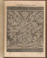 An illustration from La pratique de l'aiguille industrieus du tres-excellent Milour Matthias Mignerak anglois, ouurier fort expert en toute sorte de lingerieoù sont tracez diuers compartimens de carrez, tous differans en grandeur et inuention, auec les plus exquises bordures, desseins et ordonances qui sesoient veuz iusques à ce iourd'hui tant poetiques historiques, qu'autres ouurages de poinct de rebordensemble les nouuelles inuencions françoises pour ce qui est de deuotion contemplation (1605)