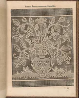An illustration from La pratique de l'aiguille industrieus du tres-excellent Milour Matthias Mignerak anglois, ouurier fort expert en toute sorte de lingerieoù sont tracez diuers compartimens de carrez, tous differans en grandeur et inuention, auec les plus exquises bordures, desseins et ordonances qui sesoient veuz iusques à ce iourd'hui tant poetiques historiques, qu'autres ouurages de poinct de rebordensemble les nouuelles inuencions françoises pour ce qui est de deuotion contemplation (1605)