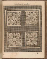 An illustration from La pratique de l'aiguille industrieus du tres-excellent Milour Matthias Mignerak anglois, ouurier fort expert en toute sorte de lingerieoù sont tracez diuers compartimens de carrez, tous differans en grandeur et inuention, auec les plus exquises bordures, desseins et ordonances qui sesoient veuz iusques à ce iourd'hui tant poetiques historiques, qu'autres ouurages de poinct de rebordensemble les nouuelles inuencions françoises pour ce qui est de deuotion contemplation (1605)