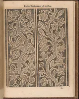 An illustration from La pratique de l'aiguille industrieus du tres-excellent Milour Matthias Mignerak anglois, ouurier fort expert en toute sorte de lingerieoù sont tracez diuers compartimens de carrez, tous differans en grandeur et inuention, auec les plus exquises bordures, desseins et ordonances qui sesoient veuz iusques à ce iourd'hui tant poetiques historiques, qu'autres ouurages de poinct de rebordensemble les nouuelles inuencions françoises pour ce qui est de deuotion contemplation (1605)