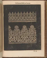 An illustration from La pratique de l'aiguille industrieus du tres-excellent Milour Matthias Mignerak anglois, ouurier fort expert en toute sorte de lingerieoù sont tracez diuers compartimens de carrez, tous differans en grandeur et inuention, auec les plus exquises bordures, desseins et ordonances qui sesoient veuz iusques à ce iourd'hui tant poetiques historiques, qu'autres ouurages de poinct de rebordensemble les nouuelles inuencions françoises pour ce qui est de deuotion contemplation (1605)