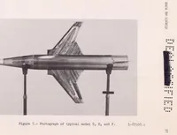 An illustration from A Summary of the Longitudinal and Lateral Stability and Control Characteristics Obtained from Rocket-model Tests of a Swept-wing Fighter-type Airplane at Mach Numbers from 0.5 to 1.9 (1957)