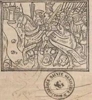 An illustration from L'Assault bataille et conqueste sur les Genevoys faicte par le Roy de france trescrestien Louis douziesme... Et la trahison que les genevois ont cuide faire. Et aussi la misericorde et appointement que le Roy nostre sire leur a fait. (1507)