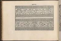 An illustration from La vera perfettione del disegno di varie sorti di ricami,di cucire ogni sorte di puntifogliami, punti tagliati, puntifili,rimessi, punti incrociati, puntistuora,ogn'altra arrte [!] che dia operadisegni. Fatto nuovamente per Giovanni Ostaus. (1567)