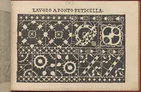 An illustration from Pretioso Gemma Delle Virtuose Donne Doue si vedono bellissimi lauori di punto in aria, reticella, di maglia,piombini, disegnati da Isabella Catanea Parasole.di nuouo dati in luce da Lucchino Gargano, con alcuni altri bellissimi lauori nuoua- mente inuentati. (1600)