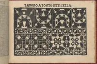 An illustration from Pretioso Gemma Delle Virtuose Donne Doue si vedono bellissimi lauori di punto in aria, reticella, di maglia,piombini, disegnati da Isabella Catanea Parasole.di nuouo dati in luce da Lucchino Gargano, con alcuni altri bellissimi lauori nuoua- mente inuentati. (1600)