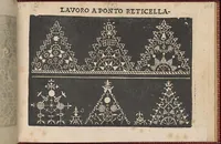 An illustration from Pretioso Gemma Delle Virtuose Donne Doue si vedono bellissimi lauori di punto in aria, reticella, di maglia,piombini, disegnati da Isabella Catanea Parasole.di nuouo dati in luce da Lucchino Gargano, con alcuni altri bellissimi lauori nuoua- mente inuentati. (1600)