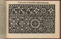 An illustration from Pretioso Gemma Delle Virtuose Donne Doue si vedono bellissimi lauori di punto in aria, reticella, di maglia,piombini, disegnati da Isabella Catanea Parasole.di nuouo dati in luce da Lucchino Gargano, con alcuni altri bellissimi lauori nuoua- mente inuentati. (1600)