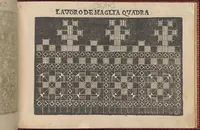 An illustration from Pretioso Gemma Delle Virtuose Donne Doue si vedono bellissimi lauori di punto in aria, reticella, di maglia,piombini, disegnati da Isabella Catanea Parasole.di nuouo dati in luce da Lucchino Gargano, con alcuni altri bellissimi lauori nuoua- mente inuentati. (1600)