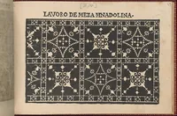An illustration from Pretioso Gemma Delle Virtuose Donne Doue si vedono bellissimi lauori di punto in aria, reticella, di maglia,piombini, disegnati da Isabella Catanea Parasole.di nuouo dati in luce da Lucchino Gargano, con alcuni altri bellissimi lauori nuoua- mente inuentati. (1600)