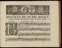 An illustration from Motets pour la chapelle du Roy, mis en musique, par Monsieur Du Mont abbé de Silly, & maistre de la musique, de ladite chapelle. Second dessus de violon. (1686)